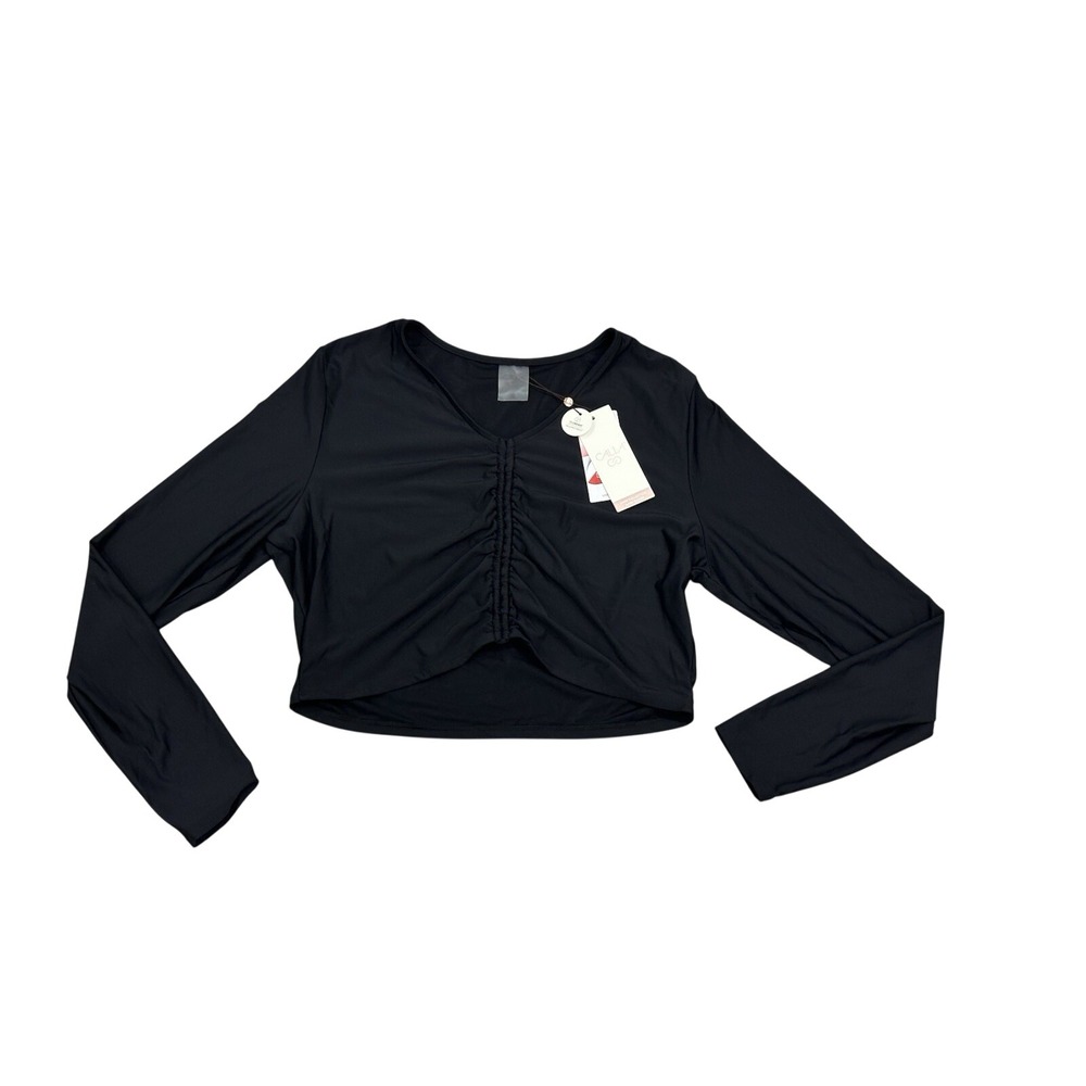 Calia Swim Top Rash Guard Black V Neck Ruched Cropped Long Sleeve Women's NWT XL